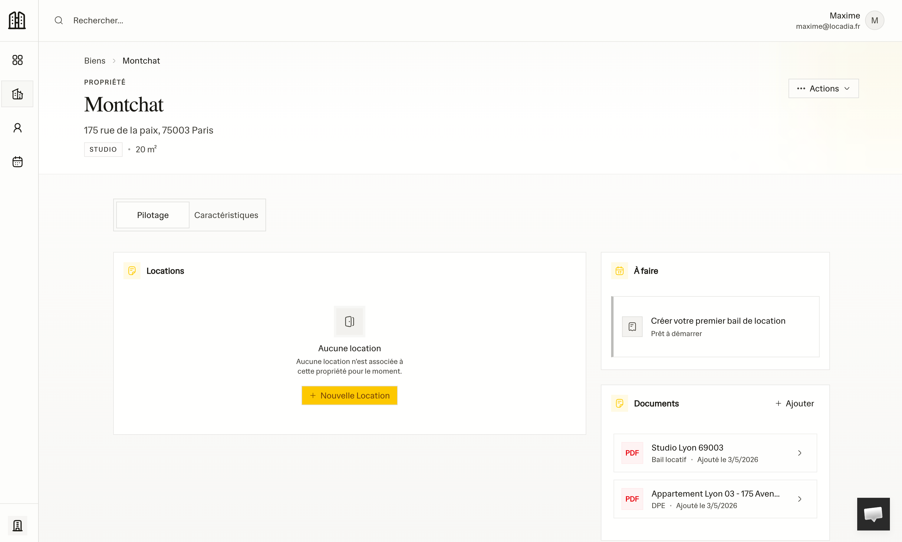 Capture de l'interface Locadia pour gérer une location de l'annonce à la quittance